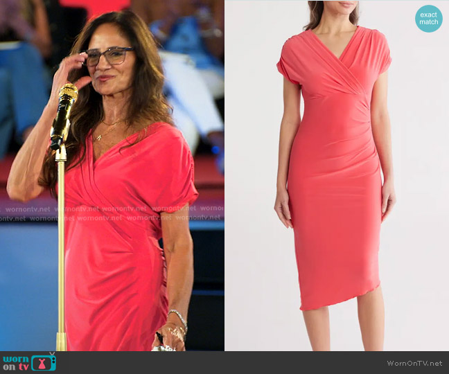 Vince Camuto Cap Sleeve Asymmetric Hem Body-Con Dress in Guava worn by Cheryl Steele on The Golden Bachelor