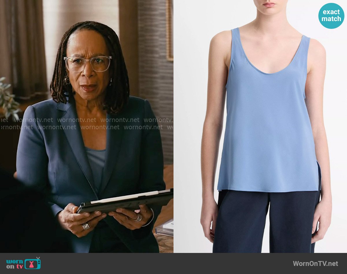 Vince Classic Stretch-Silk Bias Tank in Tidal worn by Sharon Goodwin (S. Epatha Merkerson) on Chicago Med
