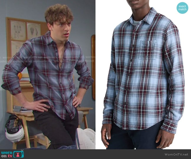 Vince Napa Plaid Shirt in Blue Cloud/ Malbec worn by Aaron Greene (Louis Tomeo) on Days of our Lives