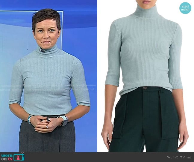 Vince Ribbed Three Quarter Sleeve Turtleneck Top in Heather Capri worn by Stephanie Gosk on Today