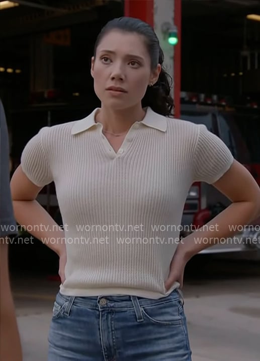Violet's cream knit polo top on Chicago Fire