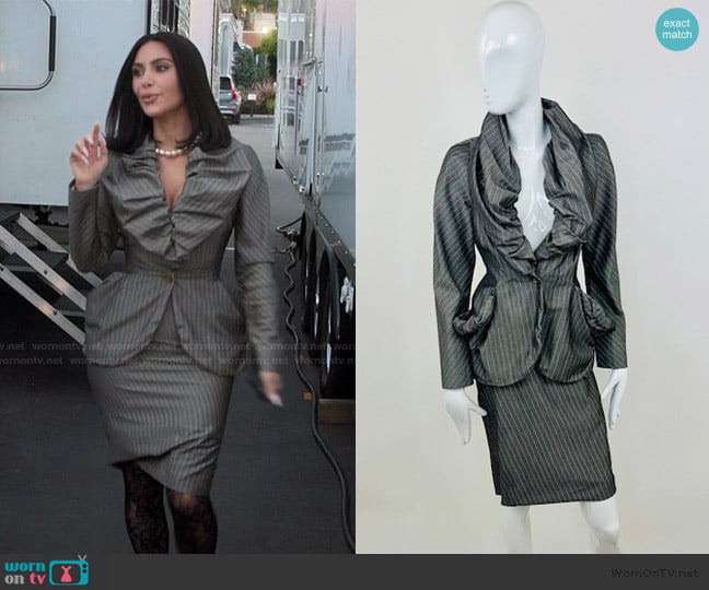 Vivienne Westwood Red Label Pinstripe Ruched Skirt Suit worn by Kim Kardashian (Kim Kardashian) on The Kardashians