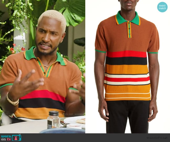Wales Bonner Slim Fit Stripe Cotton Piqué Polo worn by Scott Evans on Access Hollywood