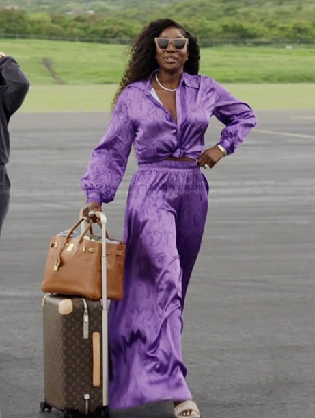 Wendy's purple satin blouse and pants on The Real Housewives of Potomac