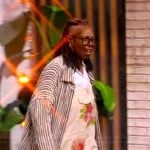 Whoopi’s white rose print overalls on The View