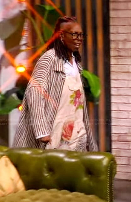 Whoopi's white rose print overalls on The View