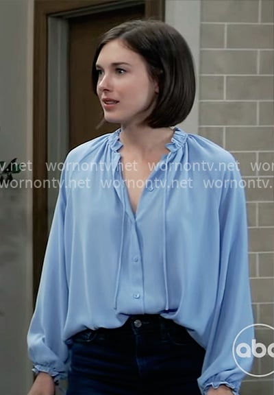 Willow's blue tie neck blouse on General Hospital