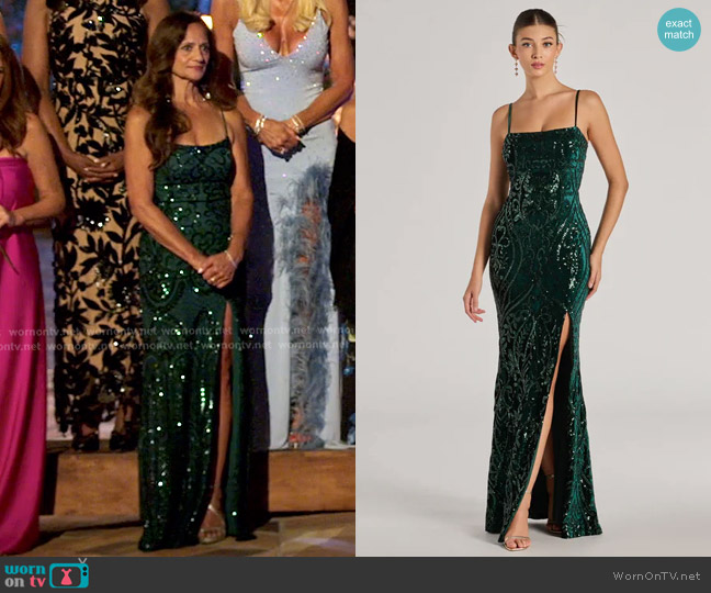 Windsor Lilia Sequin Velvet High Slit Column Dress in hunter worn by Cheryl Steele on The Golden Bachelor