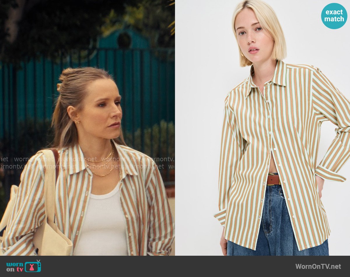 Xirena Beau Shirt in Tobac Green worn by Joanne (Kristen Bell) on Nobody Wants This