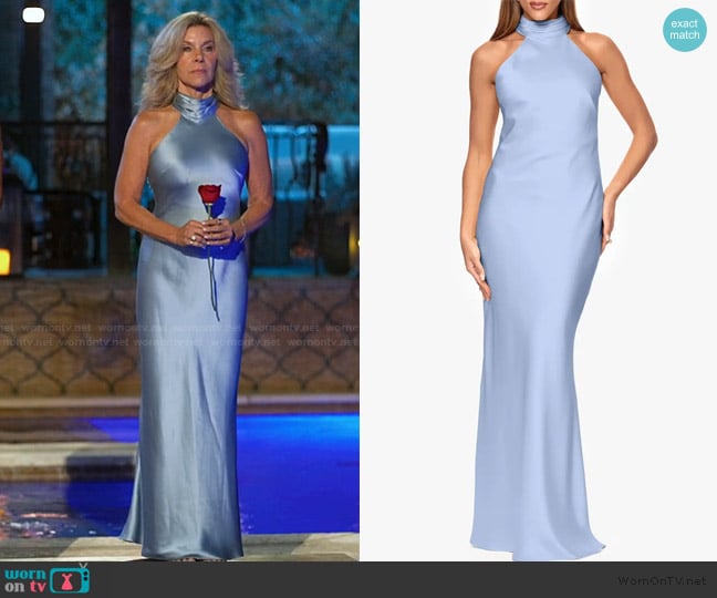 Xscape Evenings Halter Neck Satin Sheath Gown worn by Peg Munson on The Golden Bachelor