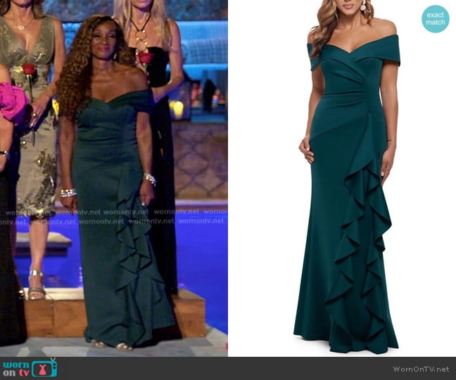 Xscape Long Scuba Off-The-Shoulder Ruffle Dress worn by Gerri Flowers on The Golden Bachelor