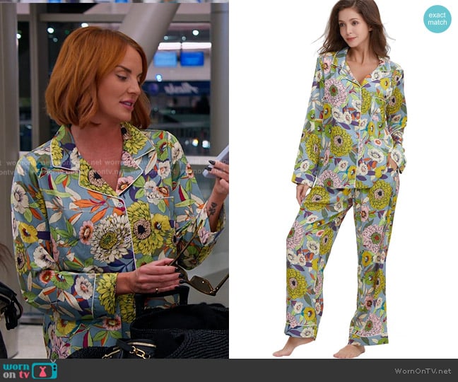 YiNi LuLu Silk Satin Pajamas Set in Yellow Chrysanthemum worn by Whitney Rose on The Real Housewives of Salt Lake City