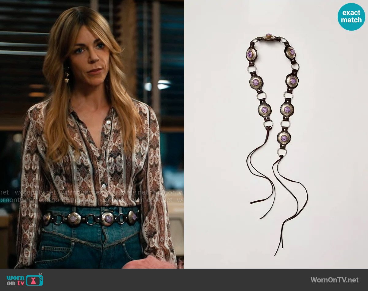 Z & L Calypso Stone Wrap Belt in Dark Amethyst worn by Morgan Gillory (Kaitlin Olson) on High Potential