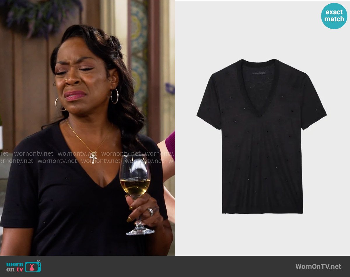 Zadig & Voltaire Diamante V Neck Tee worn by Tina Butler (Tichina Arnold) on The Neighborhood