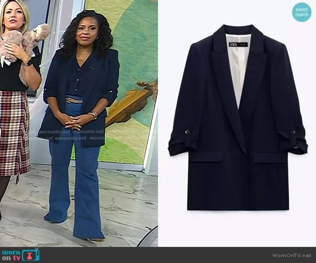 Zara Blazer with Rolled-Up Sleeves in Navy Blue worn by Sheinelle Jones on Today