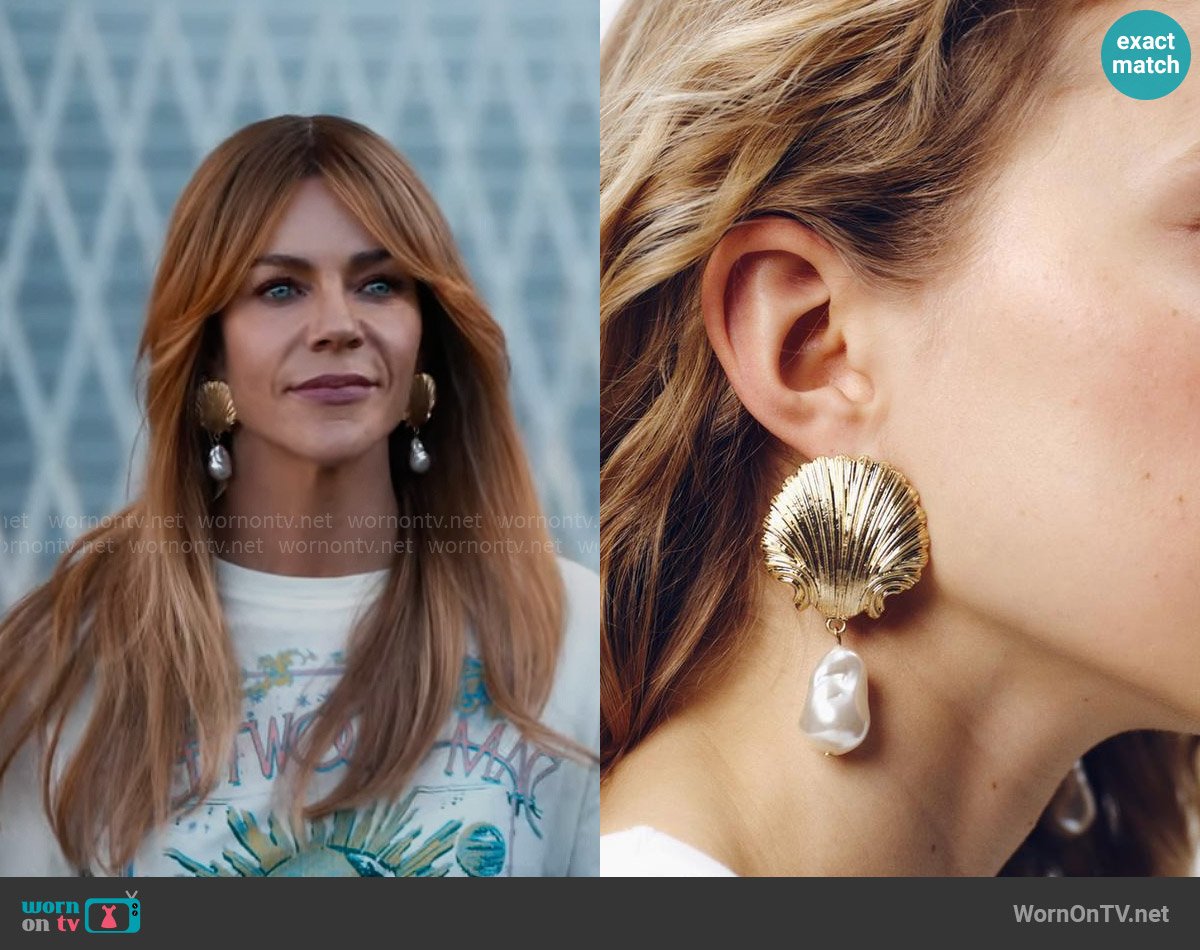 Zara Faux Pearl and Seashell Earrings worn by Morgan Gillory (Kaitlin Olson) on High Potential