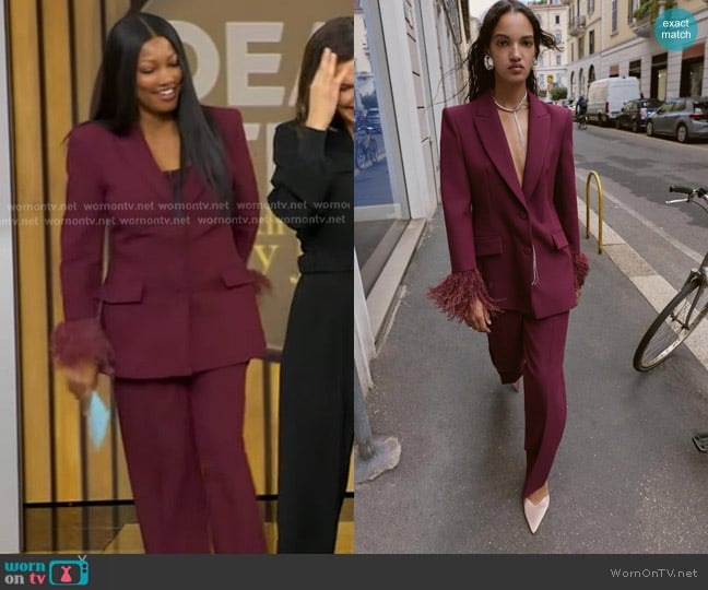 Zara Feather Cuff Blazer and Straight Leg Pants worn by Garcelle Beauvais on Good Morning America