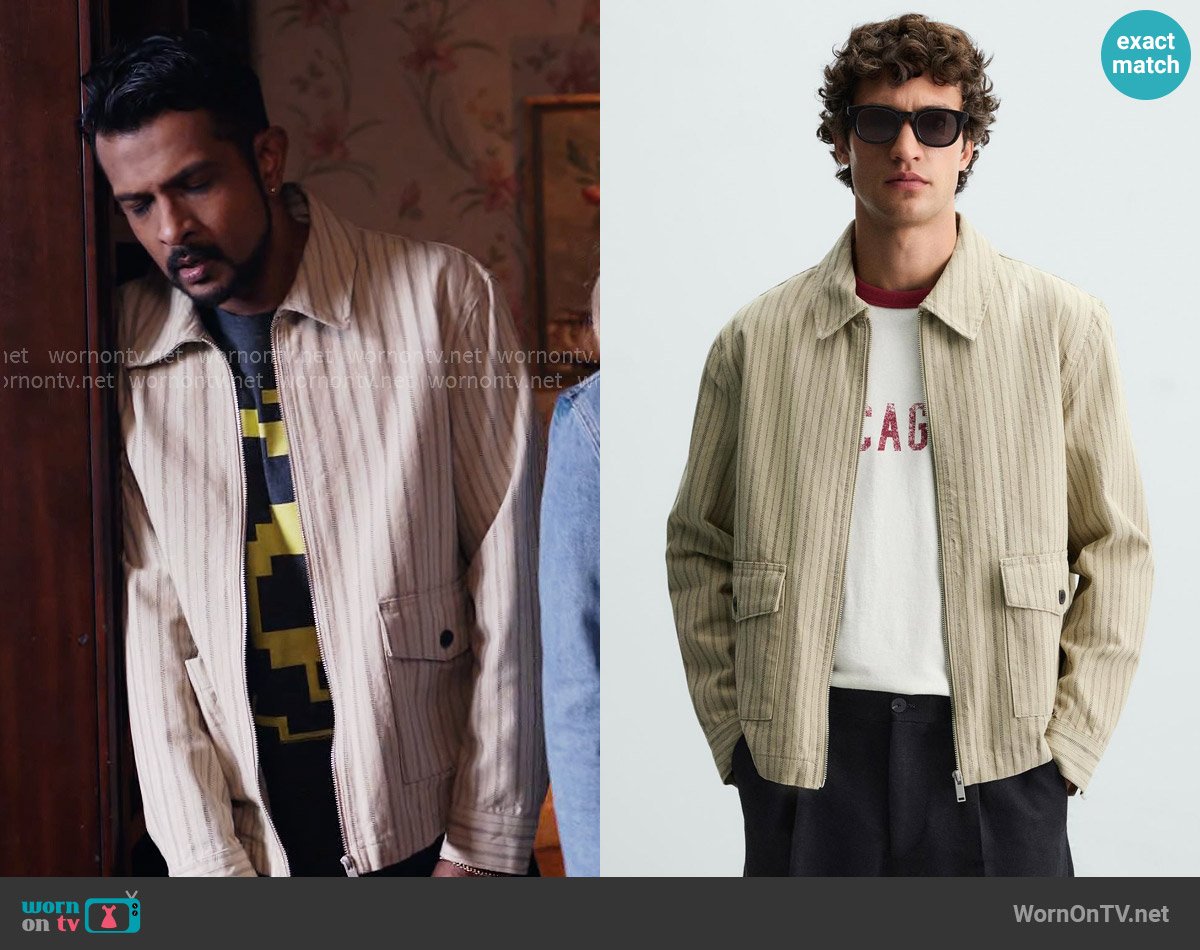 Zara Herringbone Stripe Overshirt worn by Jay (Utkarsh Ambudkar) on Ghosts