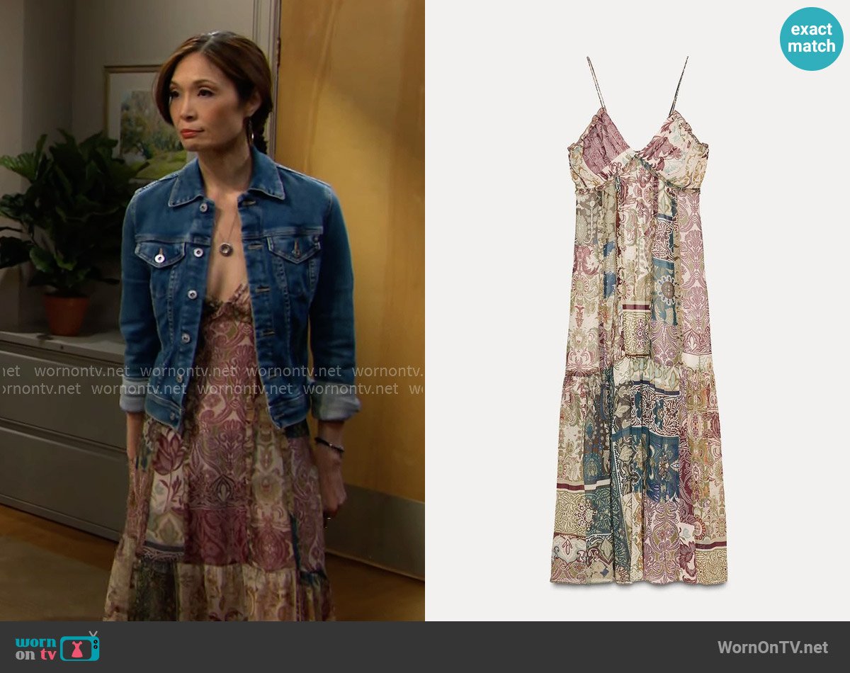 Zara Patchwork Print Midi Dress worn by Penelope Poppy Nozawa (Romy Park) on The Bold and the Beautiful