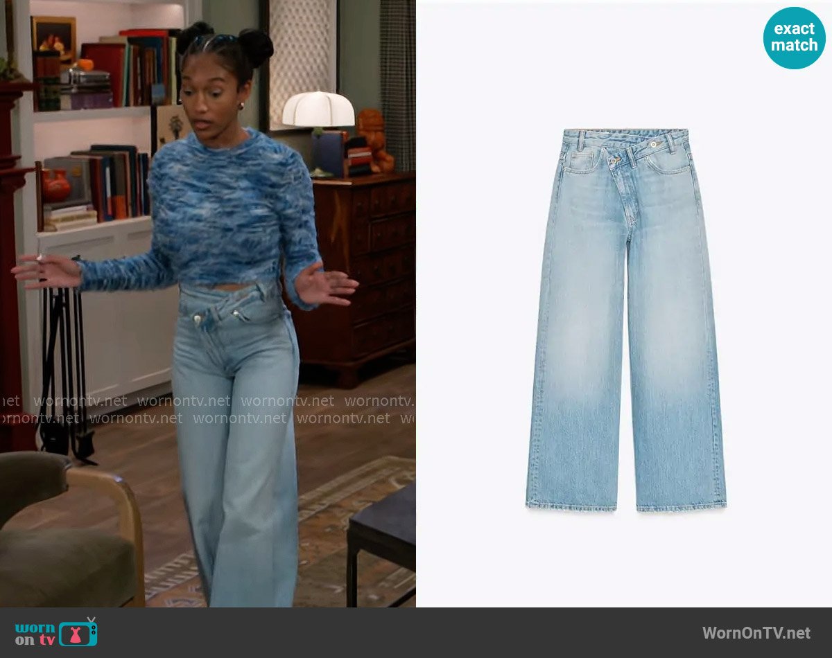 Zara TRF High Waist Crossover Waist Wide Leg Jeans worn by Samantha Richardson (Najah Jackson) on Beyond the Gates