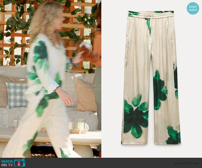 Zara Water Lilly Print Pants worn by Peg Munson on The Golden Bachelor