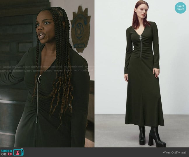 Zara Zippered Long Dress in Dark Green worn by Julia Payne Wagner (Brittany Inge) on Elsbeth
