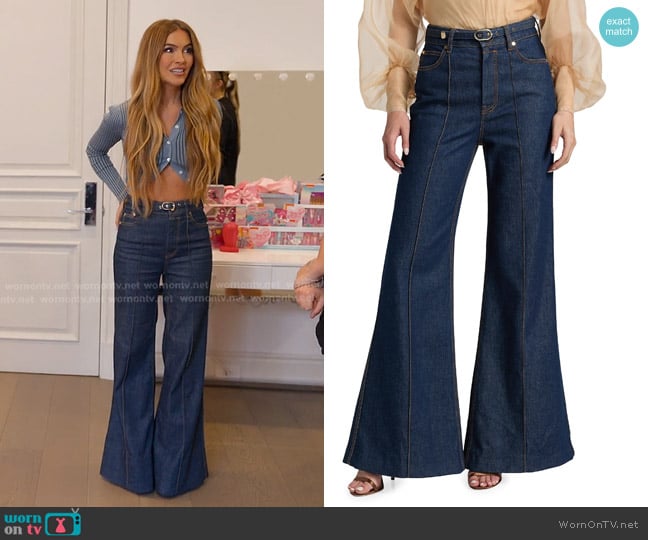 Zimmermann Belted High-Rise Wide Flare Jeans worn by Chrishell Stause on Selling Sunset