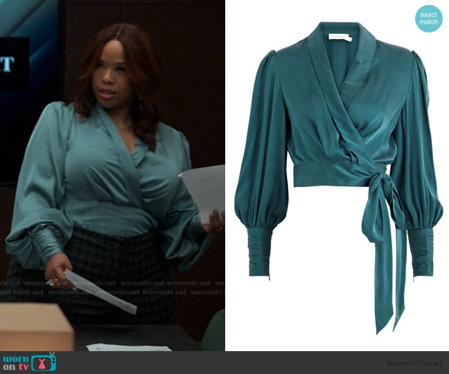 Zimmermann Cropped Washed Silk Wrap Top worn by Krystal Walters (Angela Grovey) on Reasonable Doubt