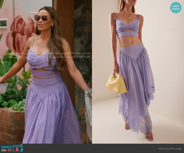 Zimmermann Crush Twist Front Bralette and Skirt worn by Britani Bateman on The Real Housewives of Salt Lake City