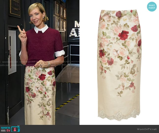 Zimmermann Hypnotic Floral Lace Trim Linen Pencil Skirt worn by Allison Janney on Good Morning America