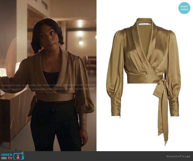 Zimmermann Silk Wrap-Front Crop Top in Khaki worn by Athena Grant (Angela Bassett) on 9-1-1