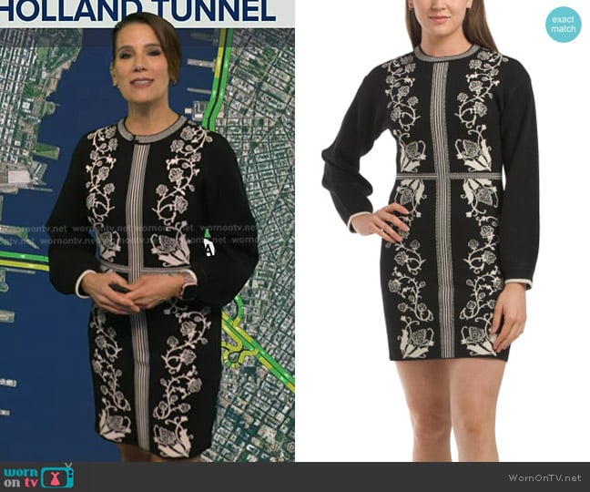 Zoe & Claire Crew Neck Placed Floral Sweater Mini Dress worn by Heather O’Rourke on Good Morning America