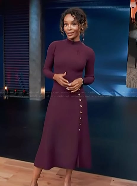 Zuri's burgundy button detail dress on Access Hollywood