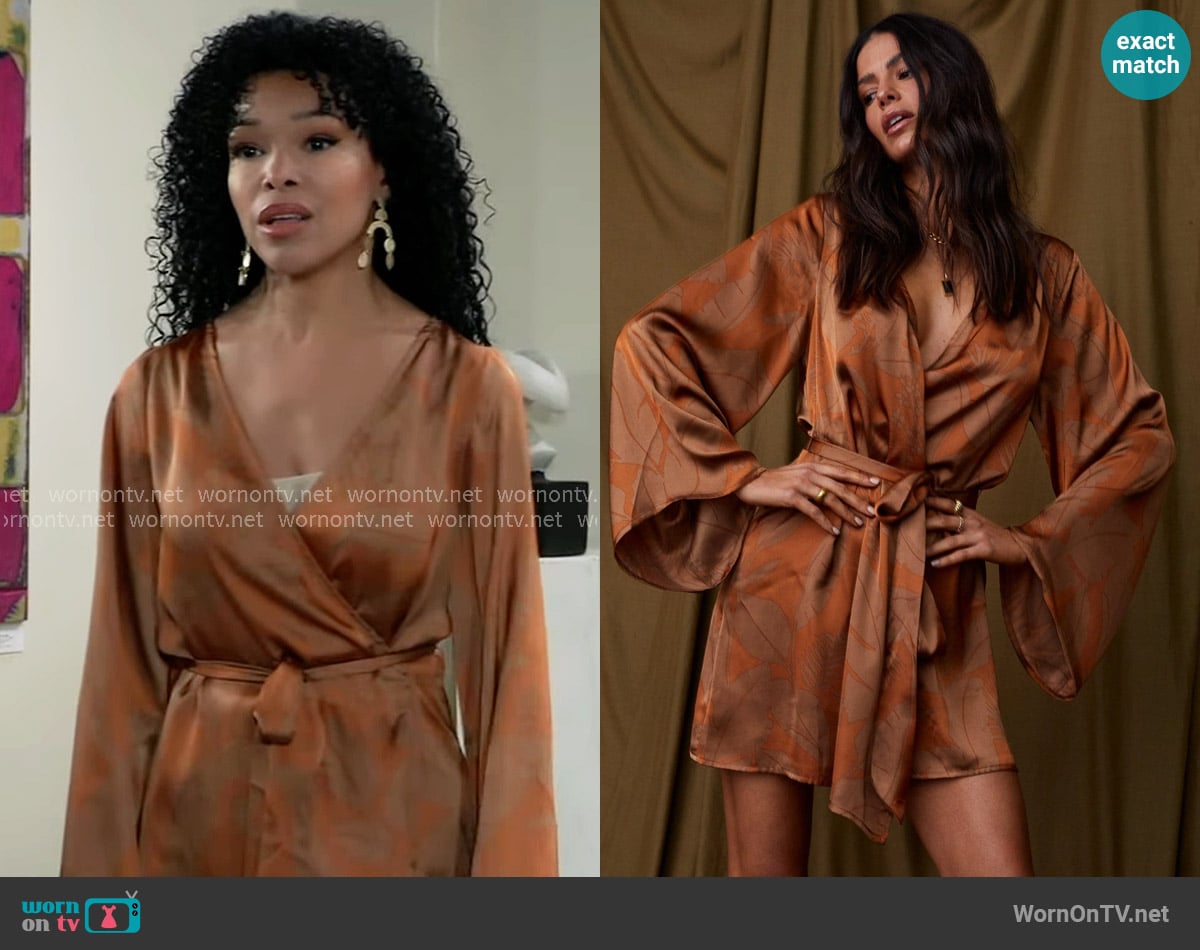 12th Tribe Gold Standard Rust Kimono Dress in Rust worn by Portia Robinson (Brook Kerr) on General Hospital
