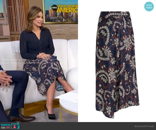 A.L.C. Clara Paisley Wrap Midi-Skirt worn by Rebecca Jarvis on Good Morning America