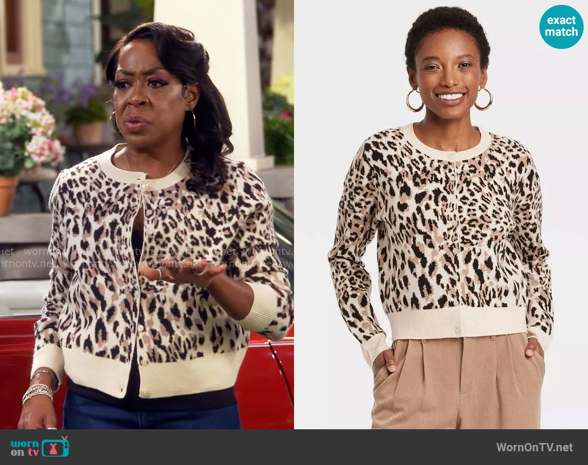 A New Day at Target Cozy Knit Cardigan in Brown Leopard Print worn by Tina Butler (Tichina Arnold) on The Neighborhood
