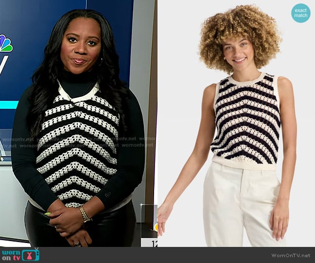 A New Day Crewneck Crochet-Style Pullover Sweater Tank worn by Kay Angrum on NBC News Daily