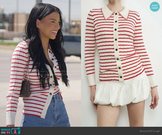 Aaron & Amber Finley Striped Cardigan in white red worn by Layla Taylor on The Secret Lives of Mormon Wives