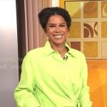 Adriana Diaz’s lime green shirt and skirt set on CBS Mornings