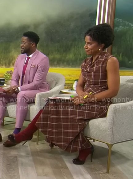 Adriana Diaz's brown plaid cowl-neck dress on CBS Mornings