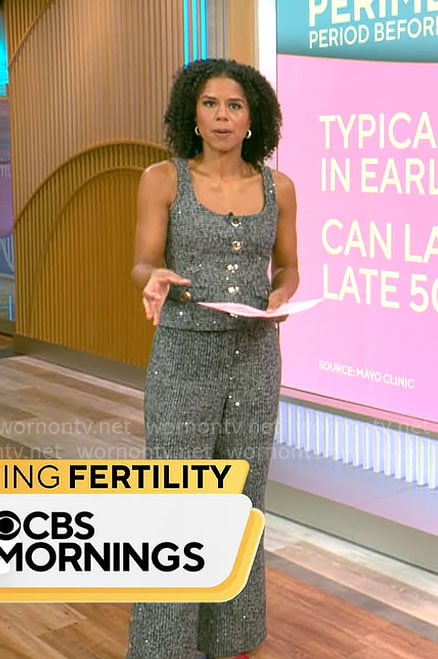 Adriana Diaz’s grey tweed button front top and pants set on CBS Mornings