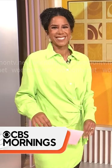 Adriana Diaz’s lime green shirt and skirt set on CBS Mornings