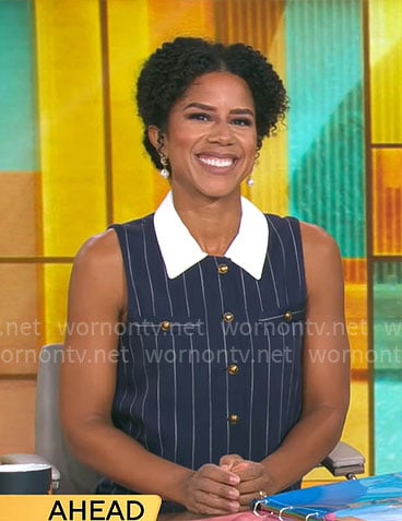 Adriana Diaz’s navy pinstripe dress on CBS Mornings