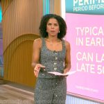 Adriana Diaz’s grey tweed button front top and pants set on CBS Mornings