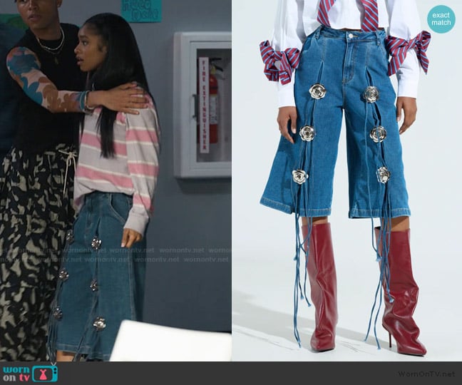 Akira Grunge Rose Denim Bermuda Shorts worn by Ashley Banks (Akira Akbar) on Bel-Air