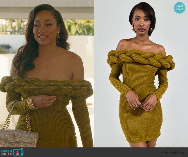 Akira Not in The Mood Knit Braided Mini Dress in Olive worn by Brandi Marshall (Brandi Marshall) on Selling the OC