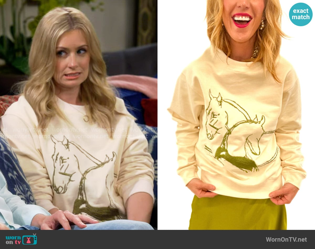 Alden + Rose Horse Play Sweatshirt worn by Gemma (Beth Behrs) on The Neighborhood
