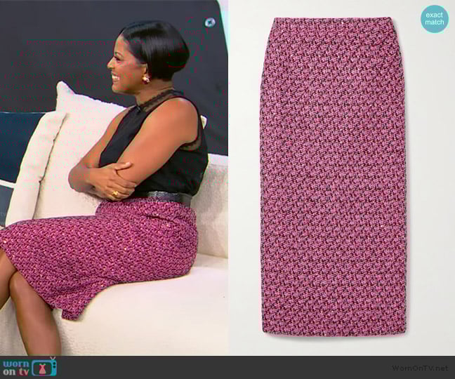 Alessandra Rich Sequin-embellished tweed midi skirt worn by Tamron Hall on Tamron Hall Show