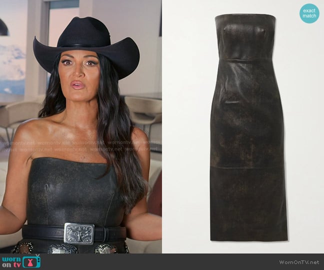 Alex Perry Strapless Leather Midi Dress worn by Lisa Barlow on The Real Housewives of Salt Lake City