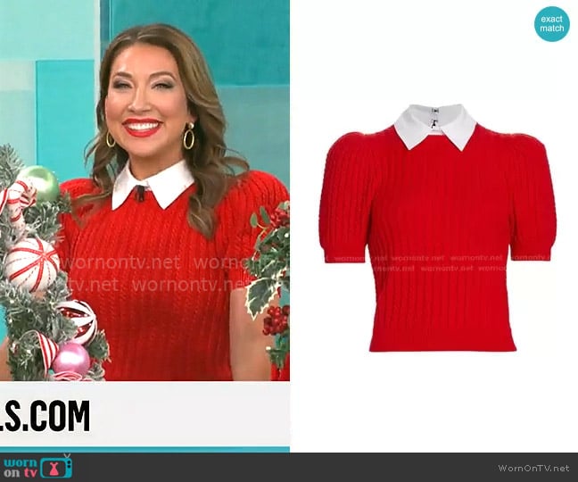 Alice + Olivia Chase Cable-Knit Puff-Sleeve Sweater in Perfect Ruby White worn by Courtney Cason on CBS Mornings